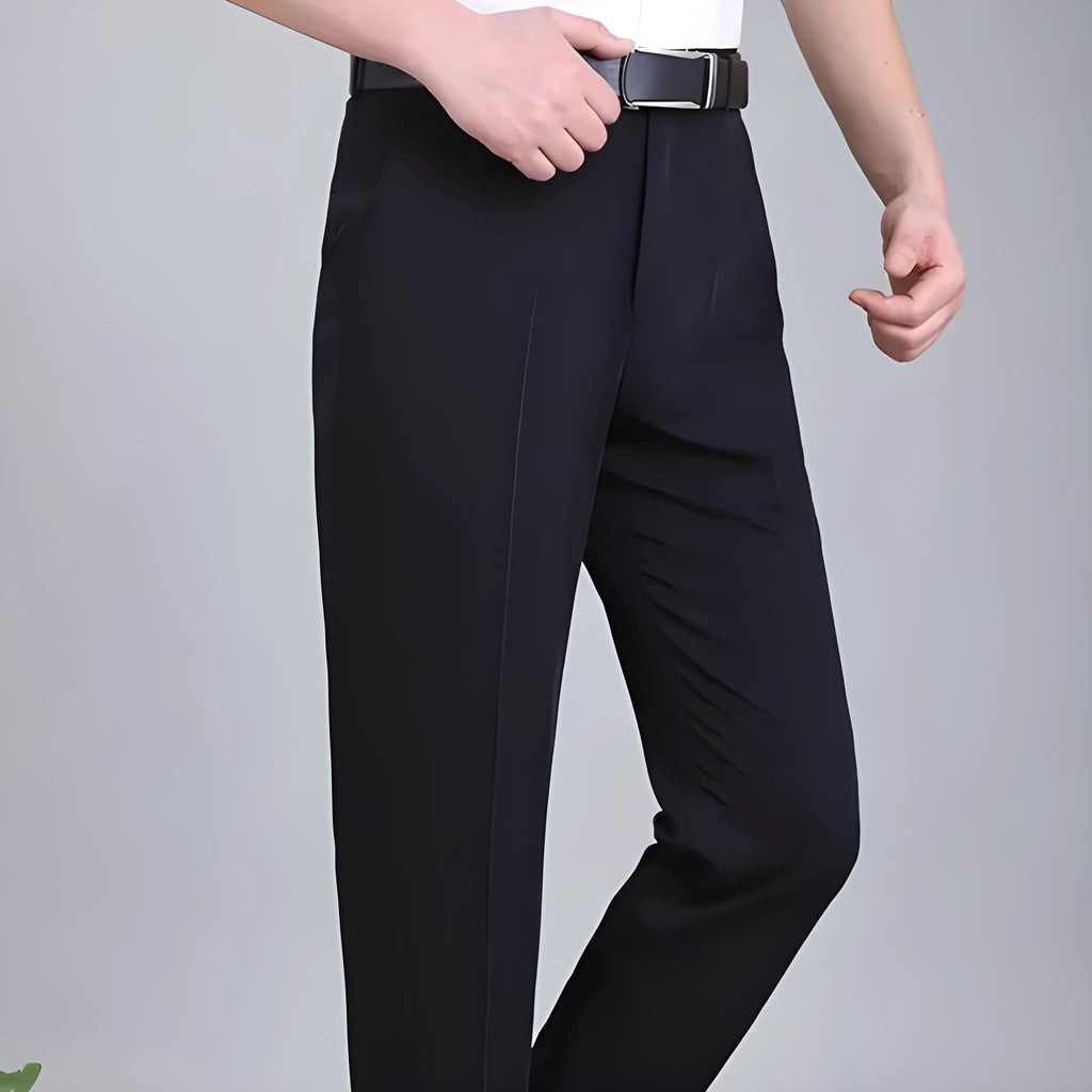 Men's straight-leg business trousers with high waist in mulberry silk fabric available in dark blue, black, and khaki colours