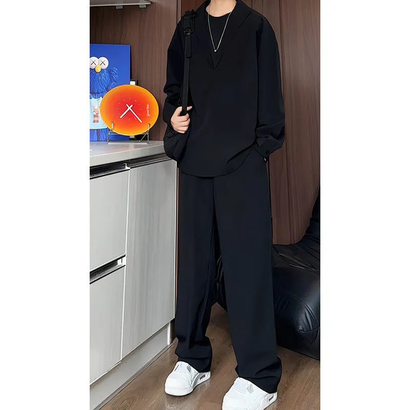 Men's black long sleeve polo shirt and trousers two-piece casual suit set on hanger