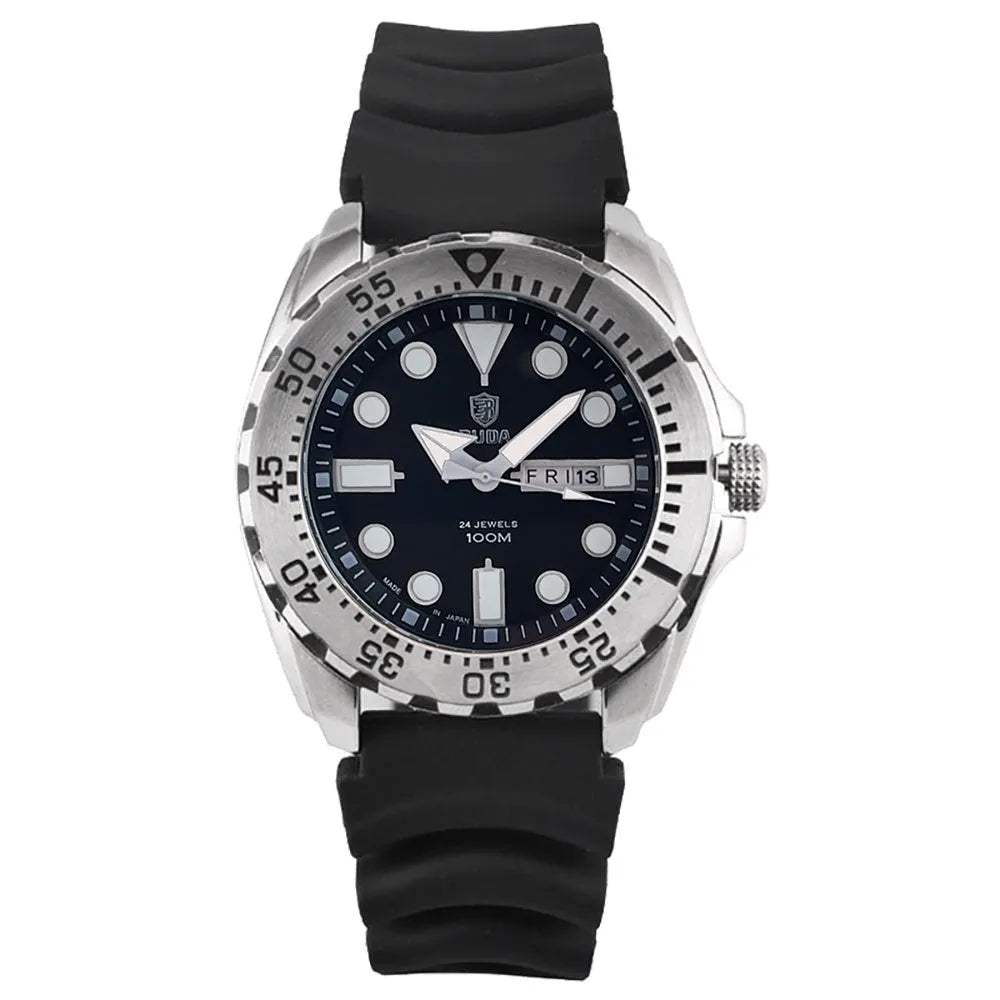 Men's waterproof luminous watch with blue dial on a steel bracelet.