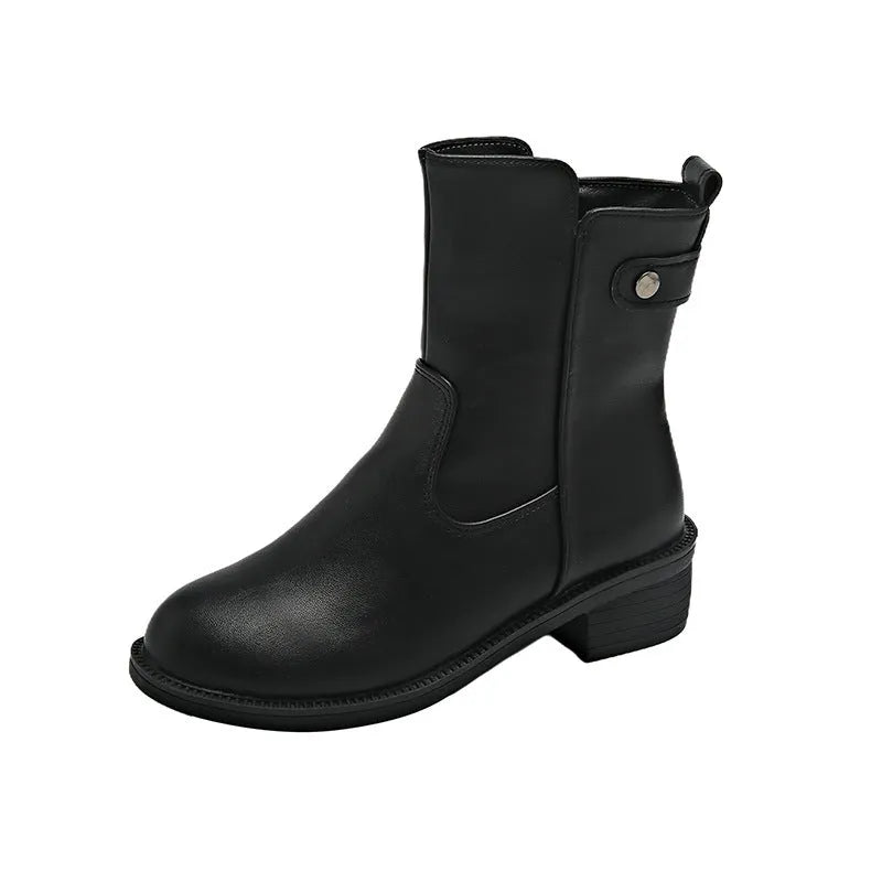 Women's black low heel ankle boots with side zip and round toe design