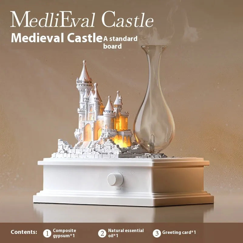 White medieval castle shaped aromatherapy machine with ambient lighting on a table.