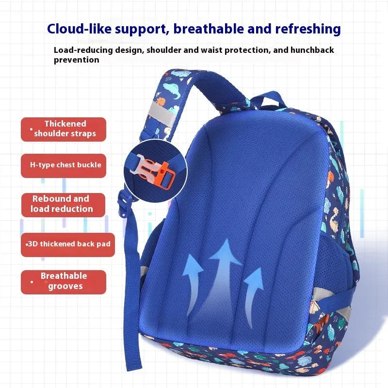 Blue children's dinosaur design school backpack with curved straps on a neutral background.