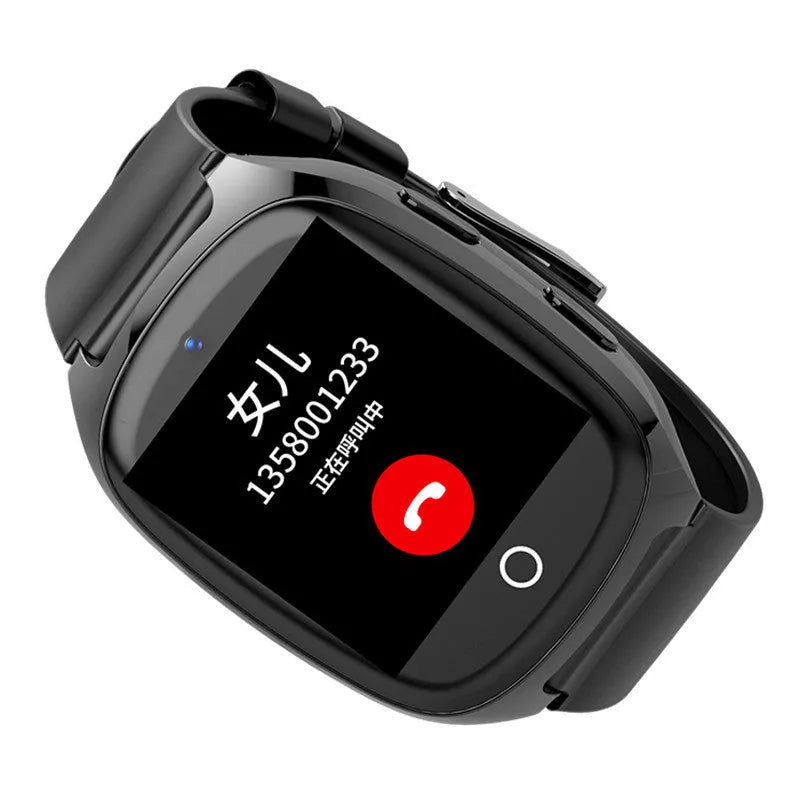 Black GPS smartwatch for kids with a 1.54-inch touchscreen on a wrist, showing SOS button.