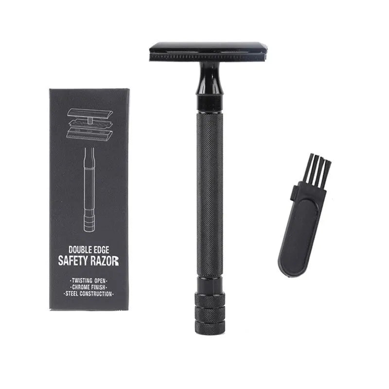 Traditional manual metal shaving scraper and brush set in black or silver finish.