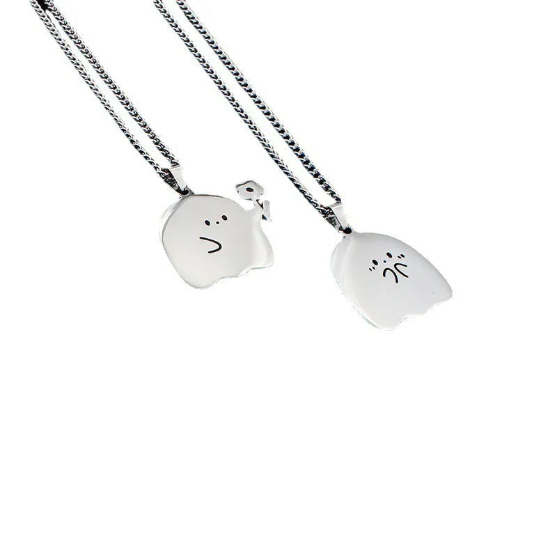 Stainless steel ghost couple necklace with kawaii cat pendant on 60cm water wave chain, polished unisex design