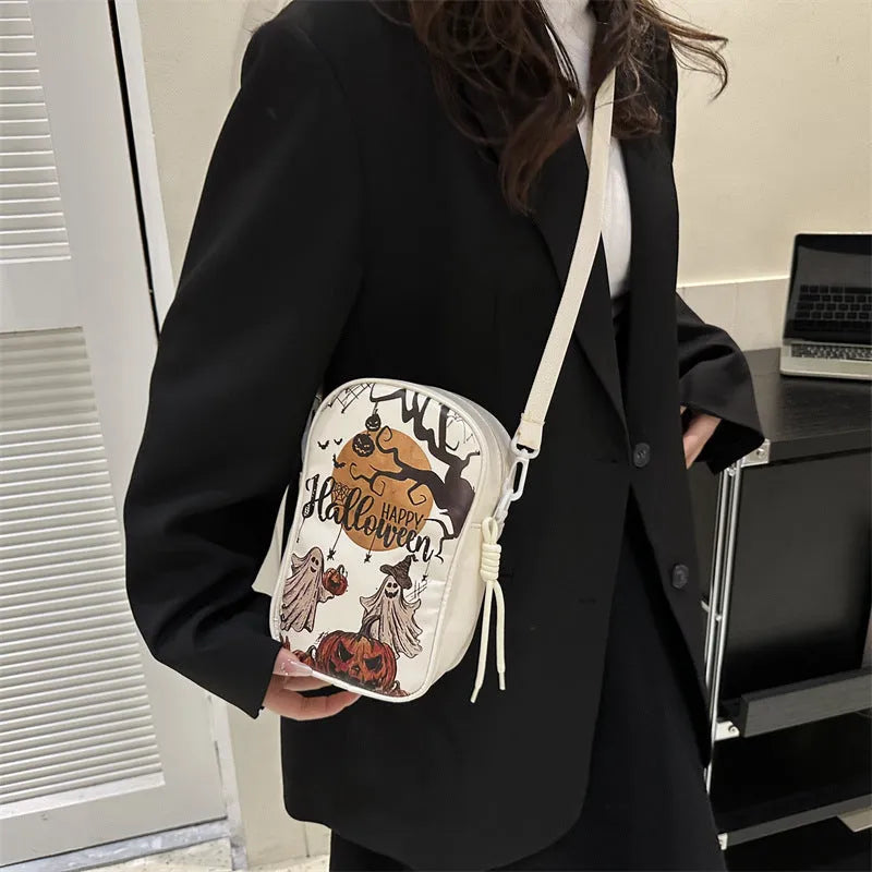 Halloween graffiti crossbody bag with pumpkin ghost bat print on black PU leather