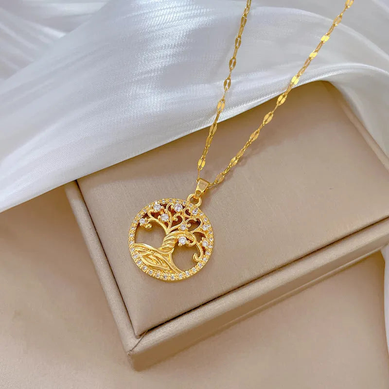 Gold-plated necklace with lucky tree pendant featuring micro-inlaid zircon and mother pearl shellfish centrepiece on adjustable chain