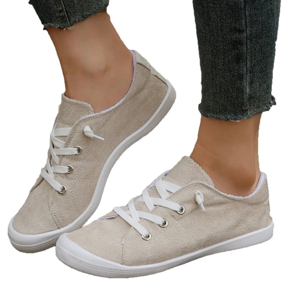 Women's beige fabric casual sneakers with low-top design and rubber sole