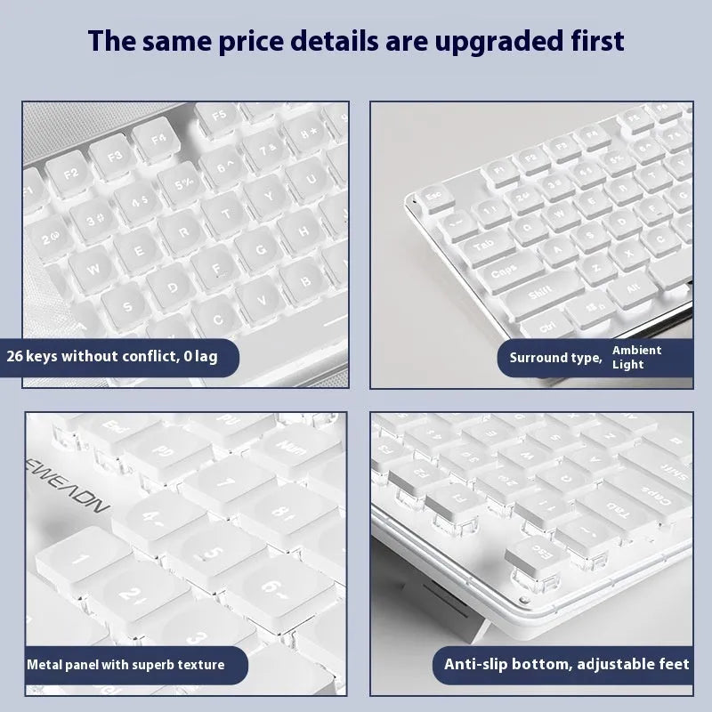 Button Mute wired keyboard and mouse set in Metal Black with blue backlighting on a desk