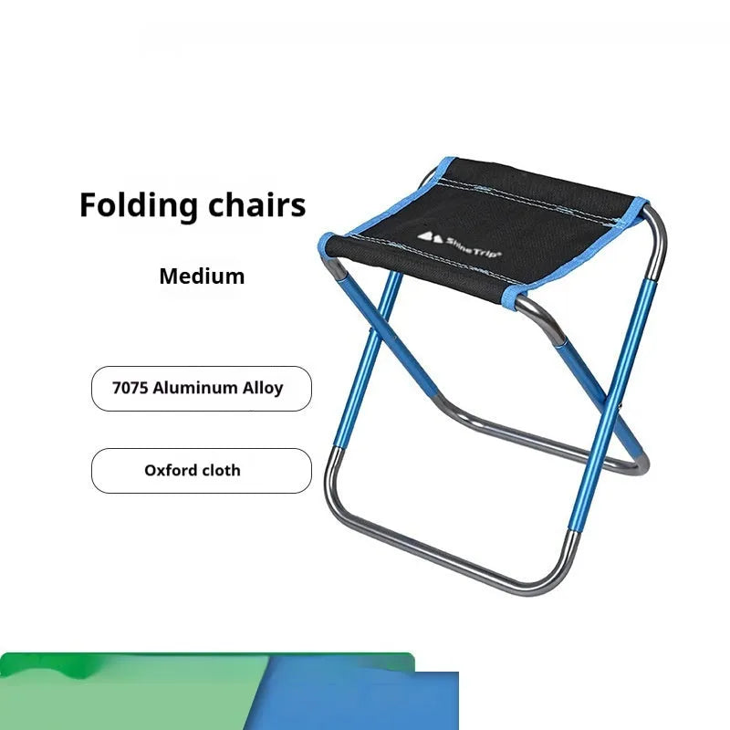 Black aluminium alloy folding camp stool with ethnic pattern, shown in folded and open positions.