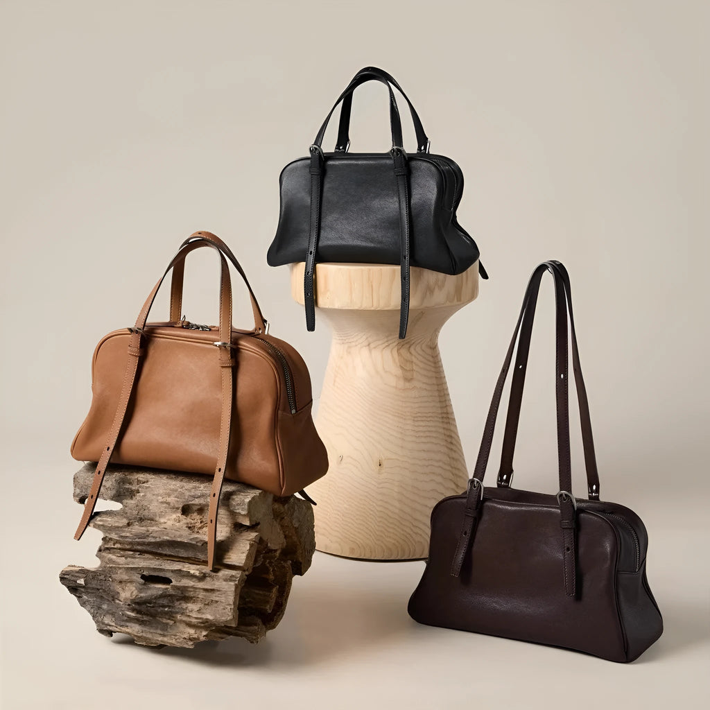 Women's retro genuine leather shoulder bag with horizontal square shape and double straps