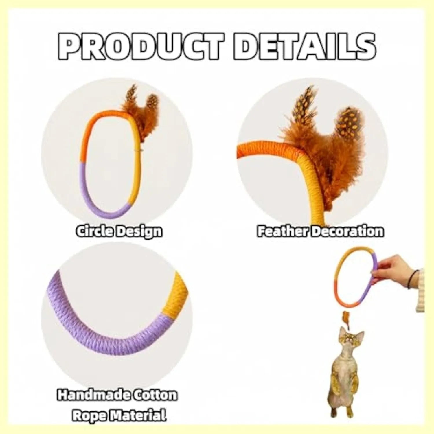 Green and purple cotton rope cat toys with feathers and catnip for interactive feline play