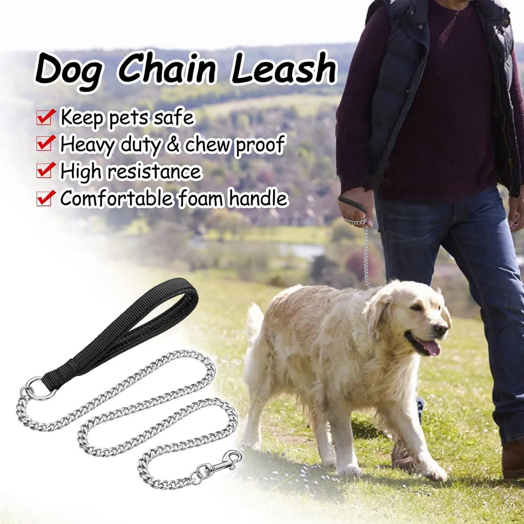 Heavy duty metal dog chain leash with soft black padded handle for large dogs