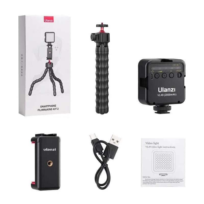 Multifunctional photography and video VLOG suite kit with black, silver, and grey aluminium tripod.