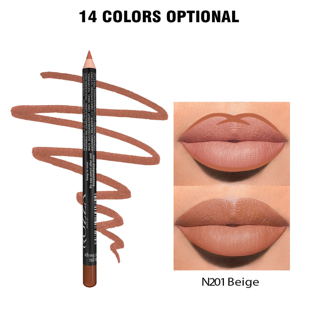 Waterproof matte lip liner pencil in wood casing showing rich colour texture