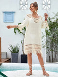 Apricot coloured hand-crocheted women's beach dress with lining.