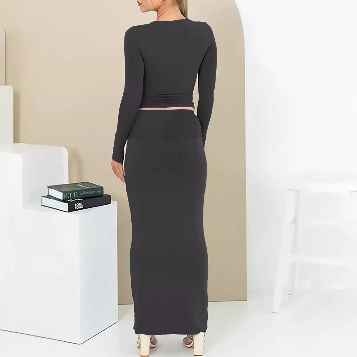 Women's autumn two-piece suit with three-quarter sleeve top and long skirt in pure colour options