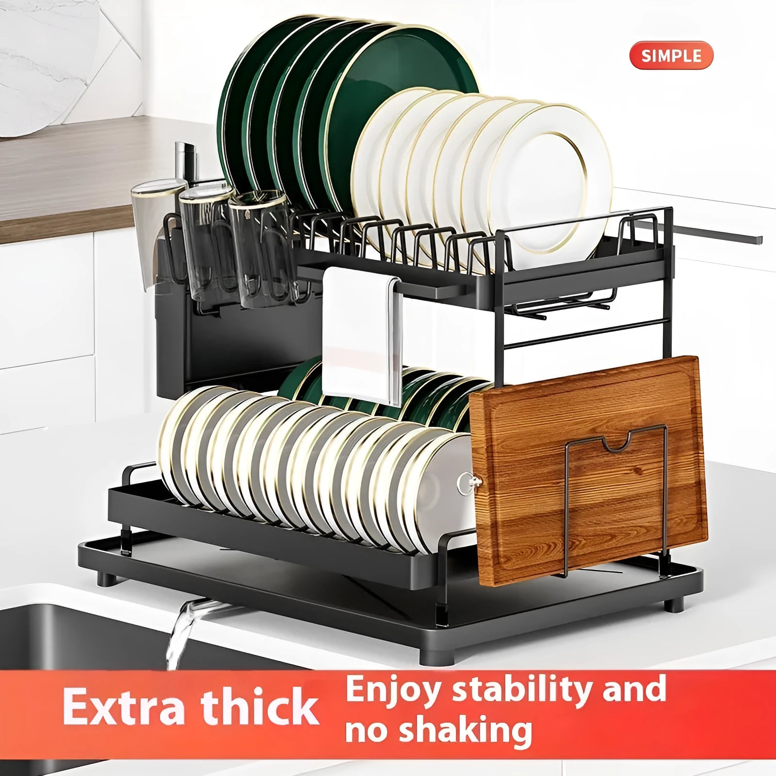 White double-layer removable wire kitchen storage rack with two baskets on a countertop