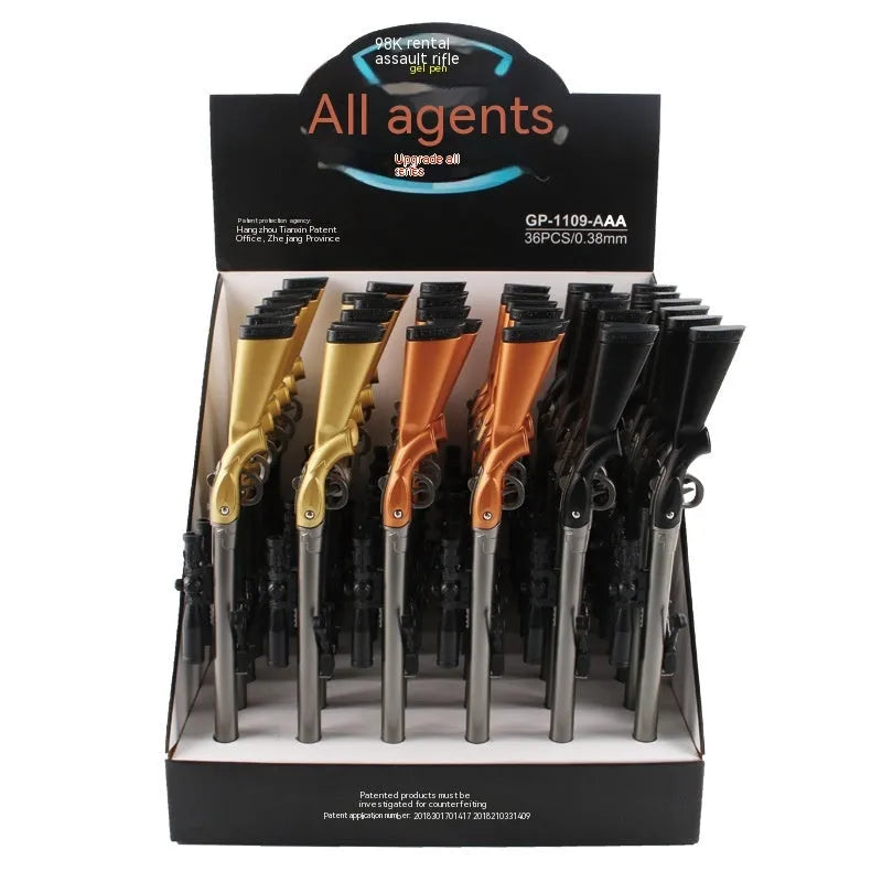 Chicken 98K Sniper Rifle shaped plastic gel pen with 0.5mm tip shown next to Ace Agent Black and Blue ink options.