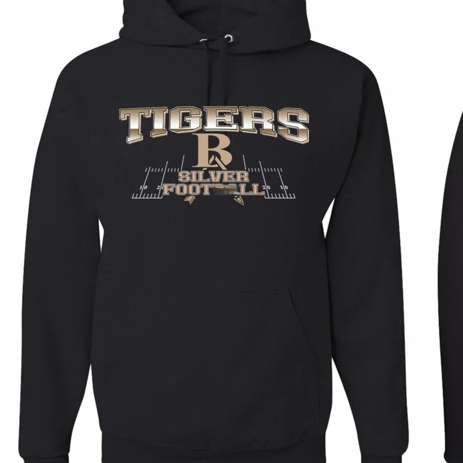 Black men's hooded sweatshirt with drop-shoulder sleeves on a model.