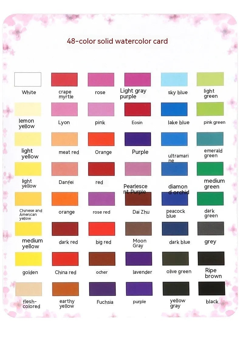 48 colour solid watercolour paint set in box showing Black Knight, Girl Pink and Sunshine Blue pans