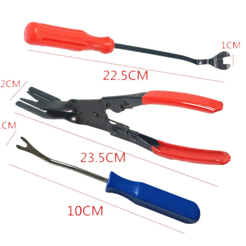 Red-handled steel automotive clip removal tool for General Motors door panels