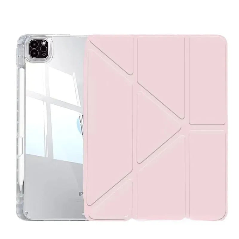 Transparent acrylic iPad protective cover showing integrated bracket and magnetic closure for multiple tablet models