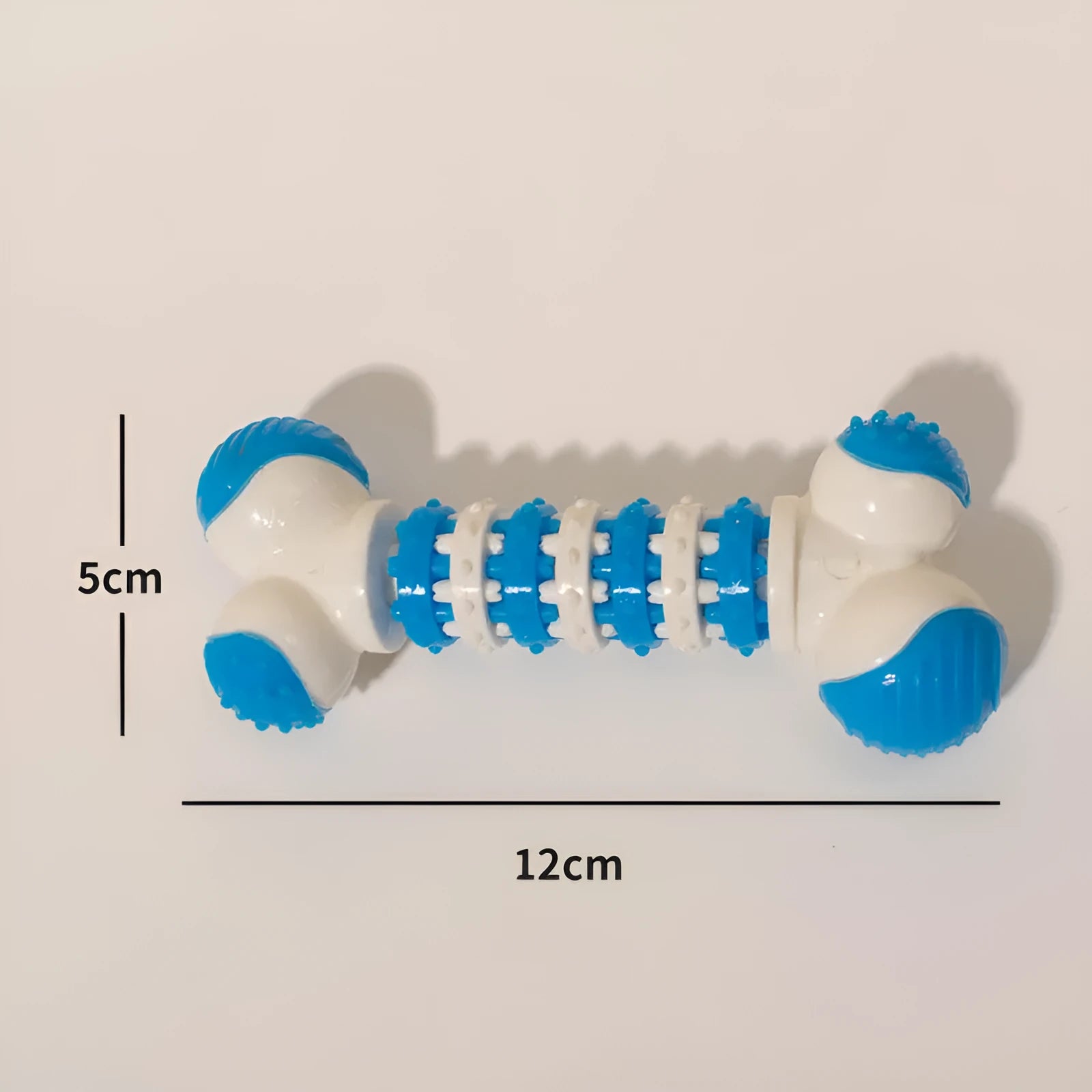 Blue bone-shaped interactive dog toy for small breeds with treat holder compartment