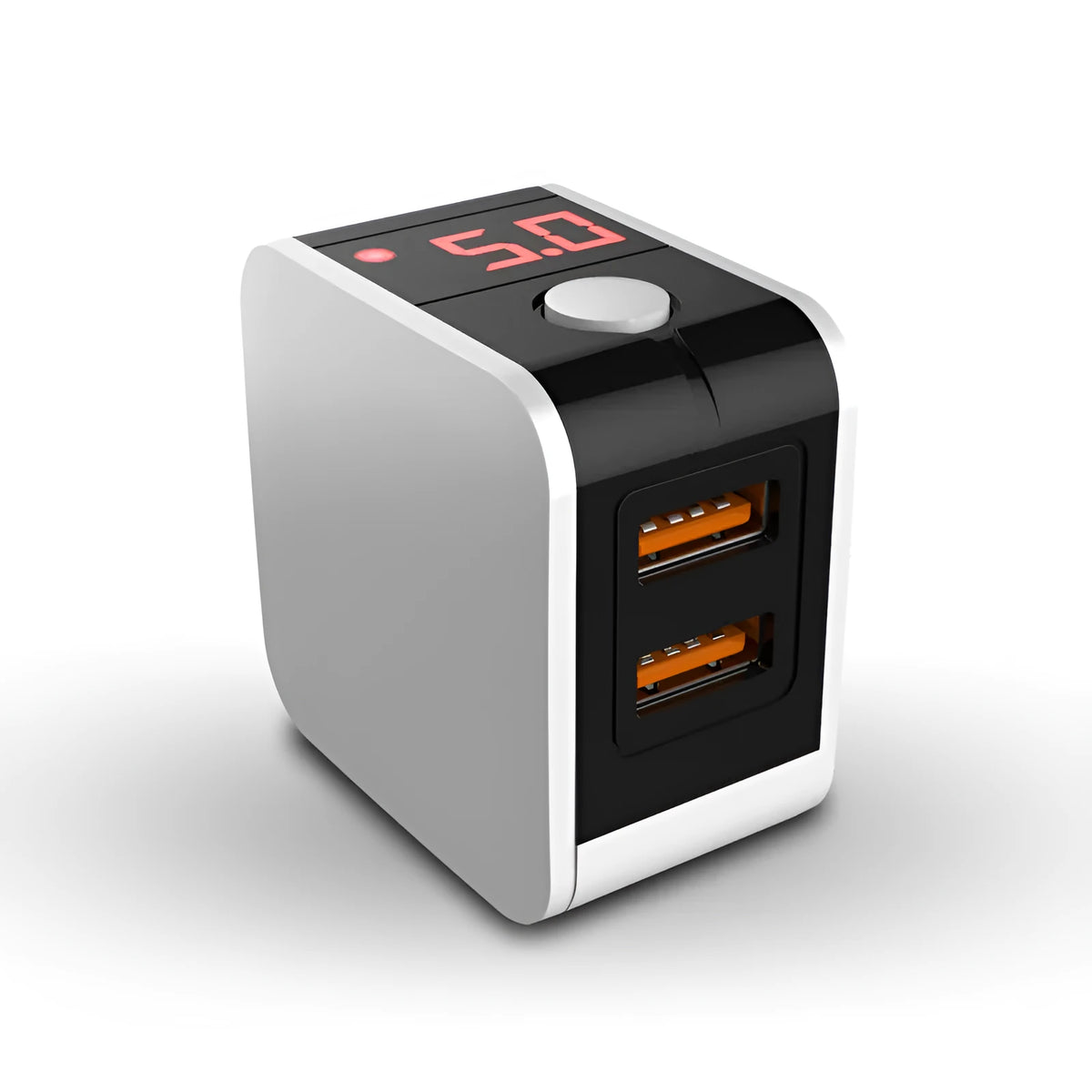 Black 5V2A dual USB travel charger with digital display showing charging status next to a smartphone.