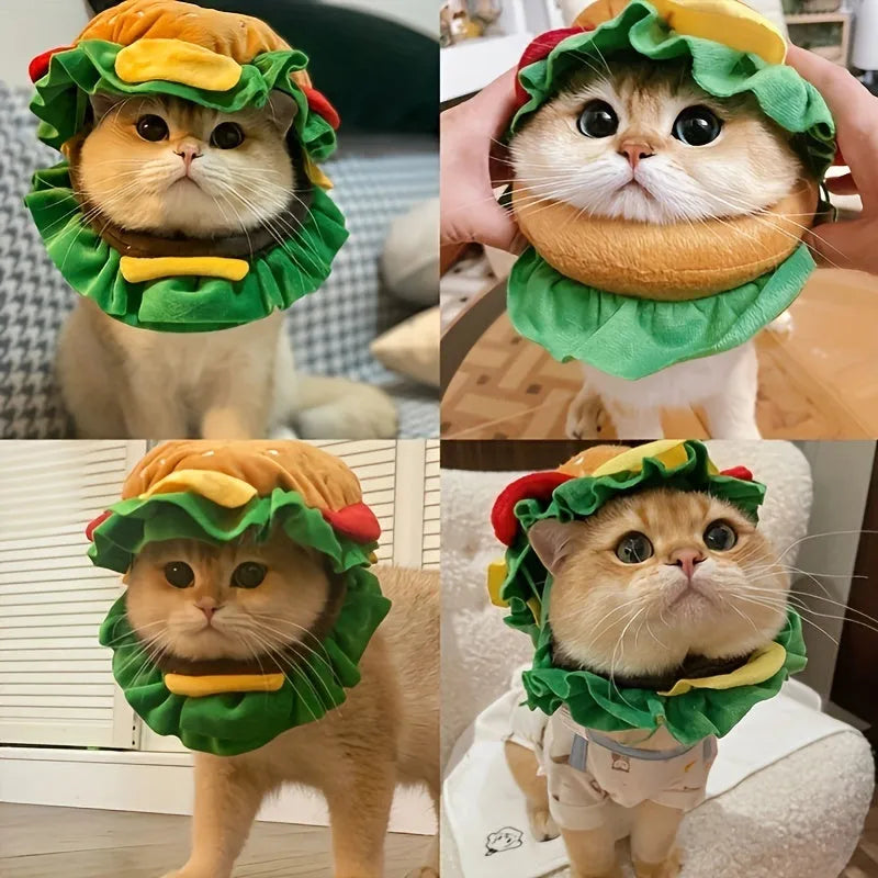 Yellow burger headdress for cats with fabric lettuce and cheese details on adjustable elastic band