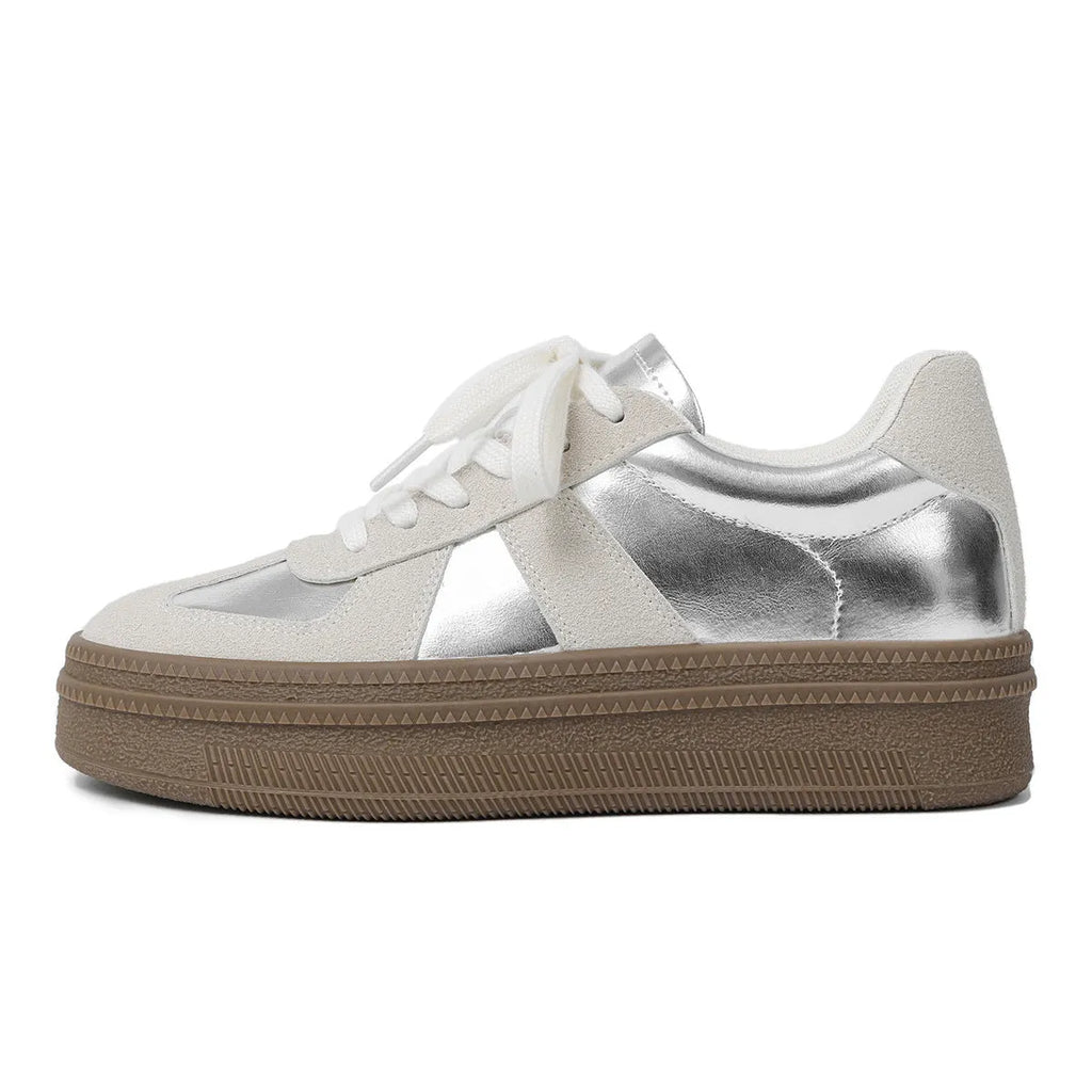 Retro round toe board shoes with cross shoulder straps and lace-up closure in beige and silver colours
