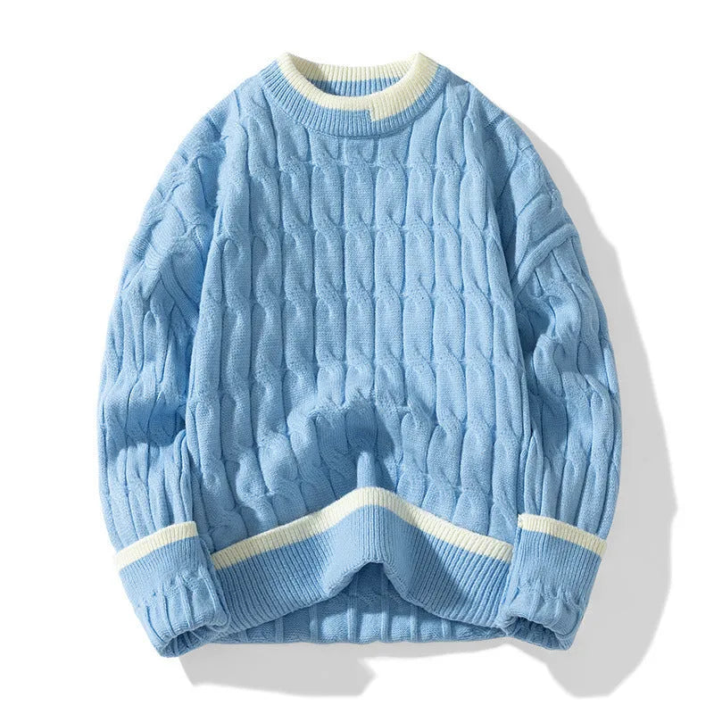 Men's loose fit modal acrylic blend pullover sweater in light blue, shown as a two-piece bottoming set.
