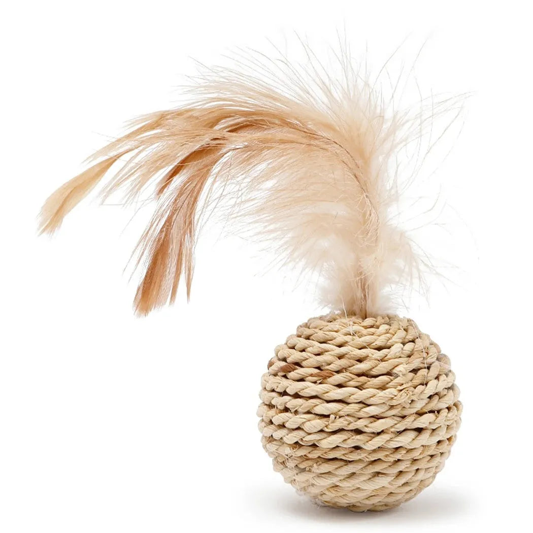 Primary colour cat toy set with a rattan ball and a faux feather ball with bell.