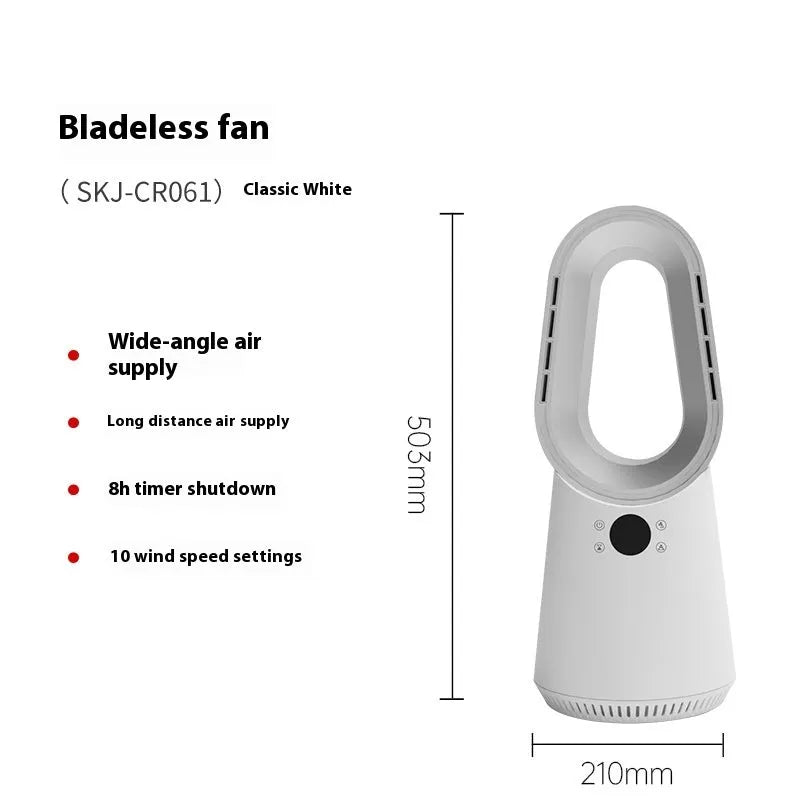 White bladeless tower fan with remote control on floor