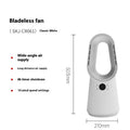 White bladeless tower fan with remote control on floor