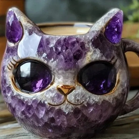 Purple decorative resin geode mug with embedded crystal cat figurine on a white surface.