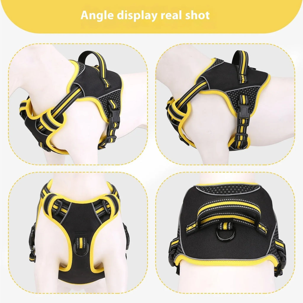Polyester dog harness traction strap in yellow or orange available in S, M, L sizes for outdoor training