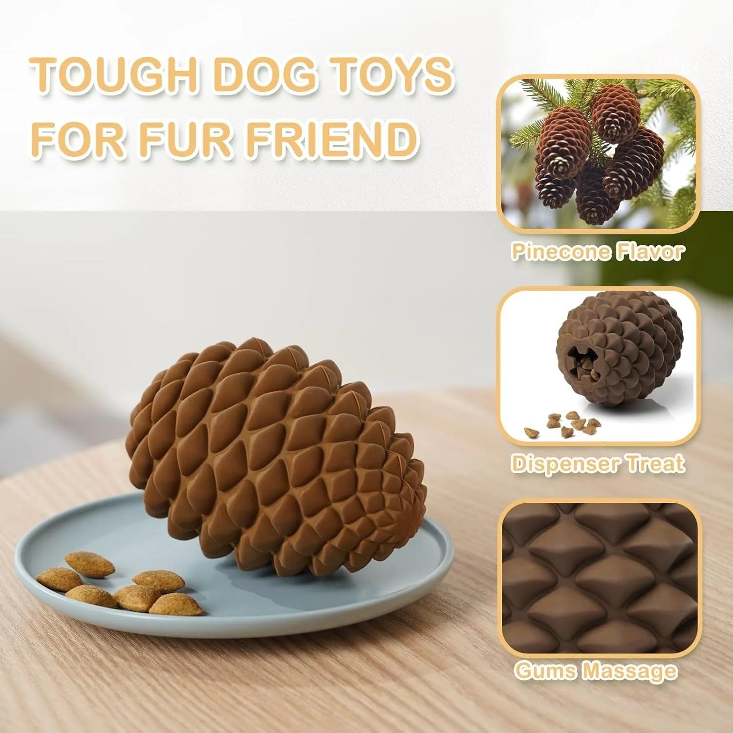 Yellow pine cone shaped dog chew toy with treat dispenser hole and textured surface