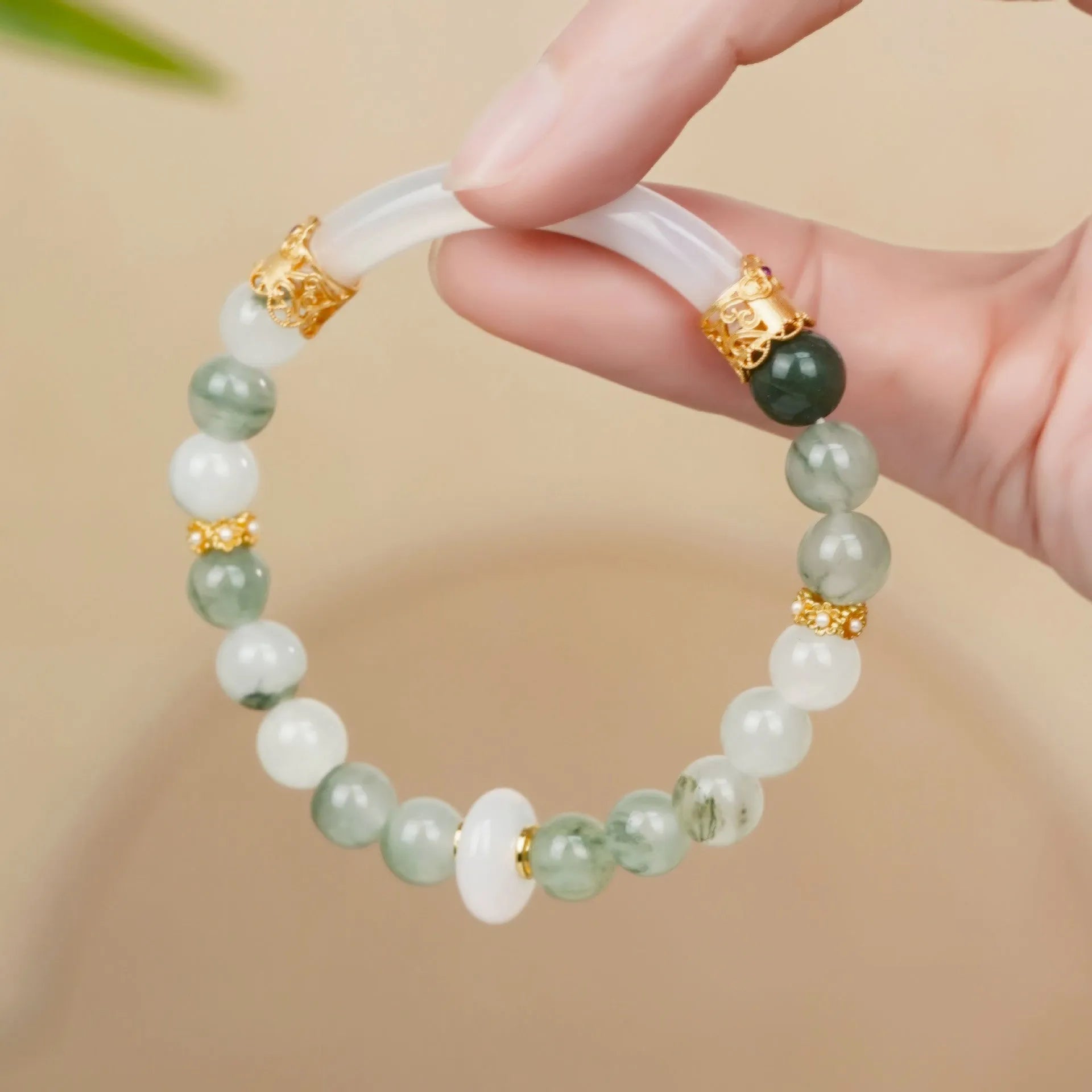 Emerald green Tian Shan Cui jade women's half bracelet with floating flower girl design and round beads