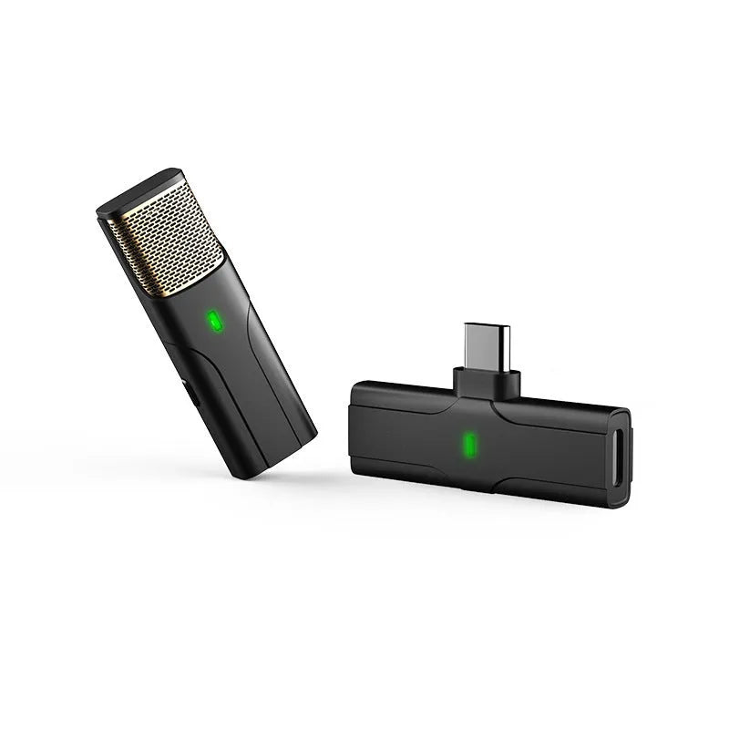 Black wireless lavalier microphone and receiver for mobile phones and cameras with Type-C cable.