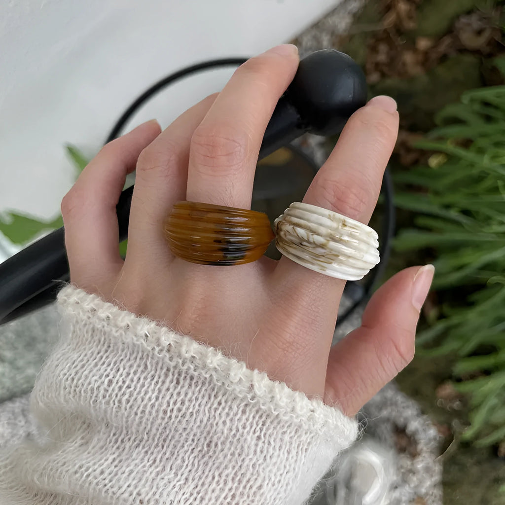 Chinese style irregular geometric resin ring in Maillard brown colour