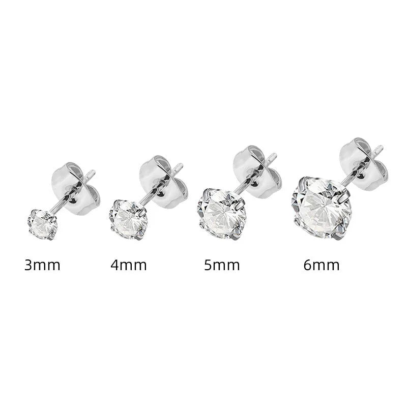 Titanium steel geometric square zircon stud earrings in gold and steel colours with size options from 2mm to 8mm.