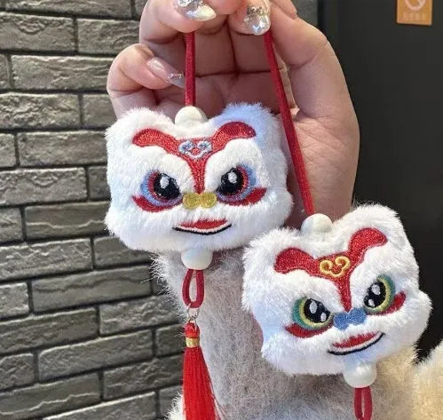 Chinese style blue plush lion keychain ornament with star stone decorations and tassel