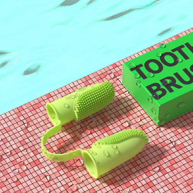 Double finger pet toothbrush set in TPR material for dog and cat teeth cleaning.