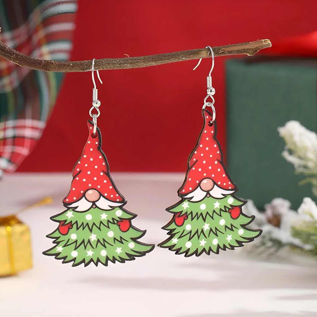 Women's geometric wooden Christmas earrings with printed tree and snowman designs
