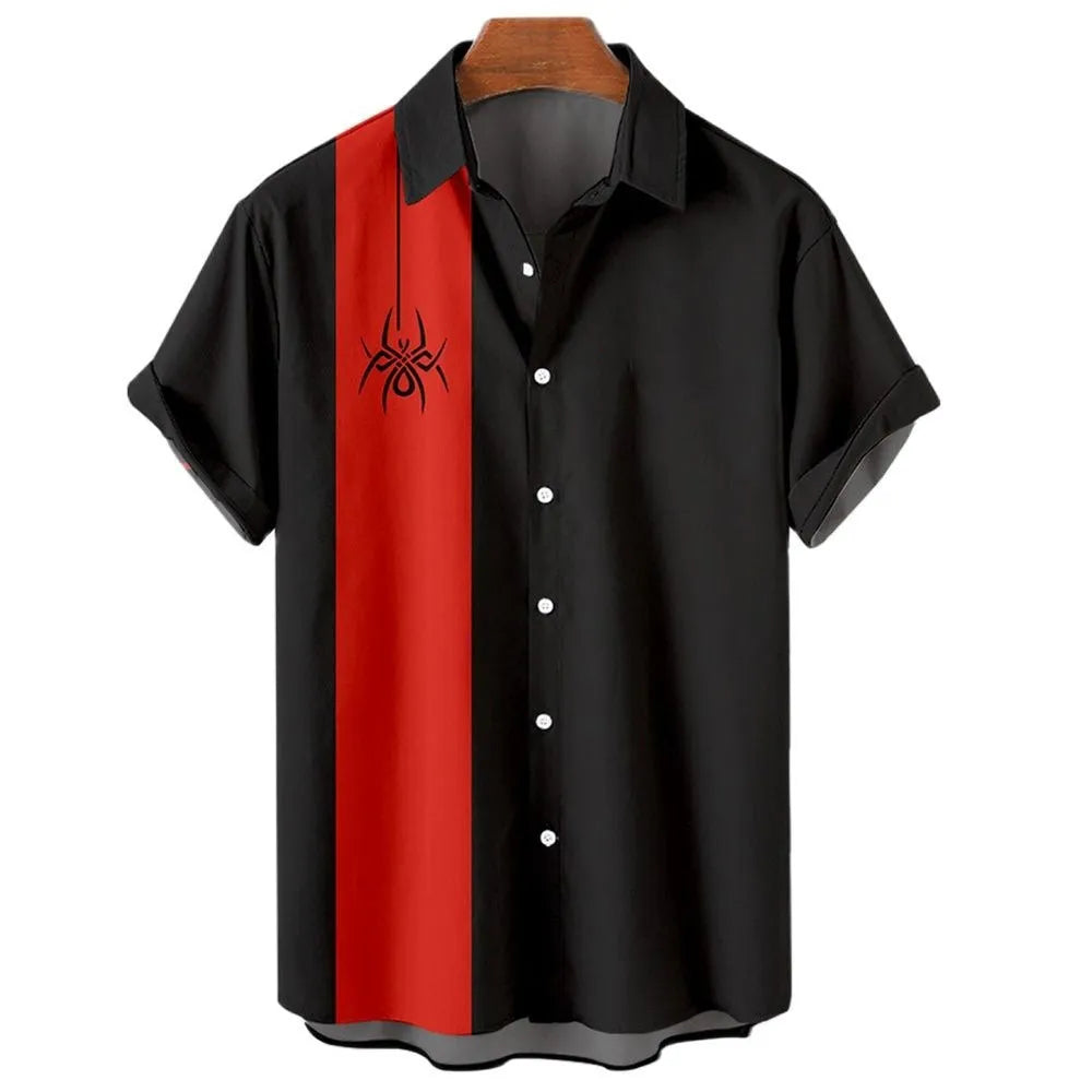 Men's striped Hawaiian short sleeve shirt with button front and elastic band construction