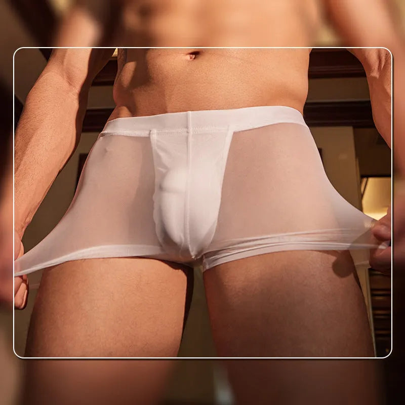 Men's black nylon boxer briefs showing ultra-thin breathable construction and free size elastic waistband