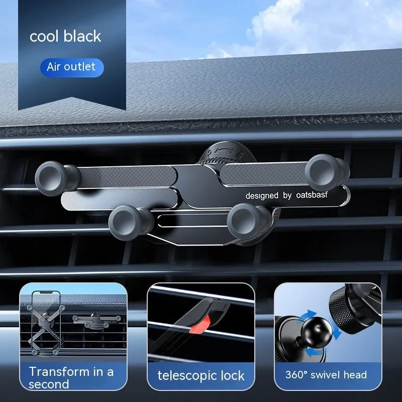 Aluminium alloy car mobile phone holder bracket showing snap-on mounting mechanism for air vent or surface installation