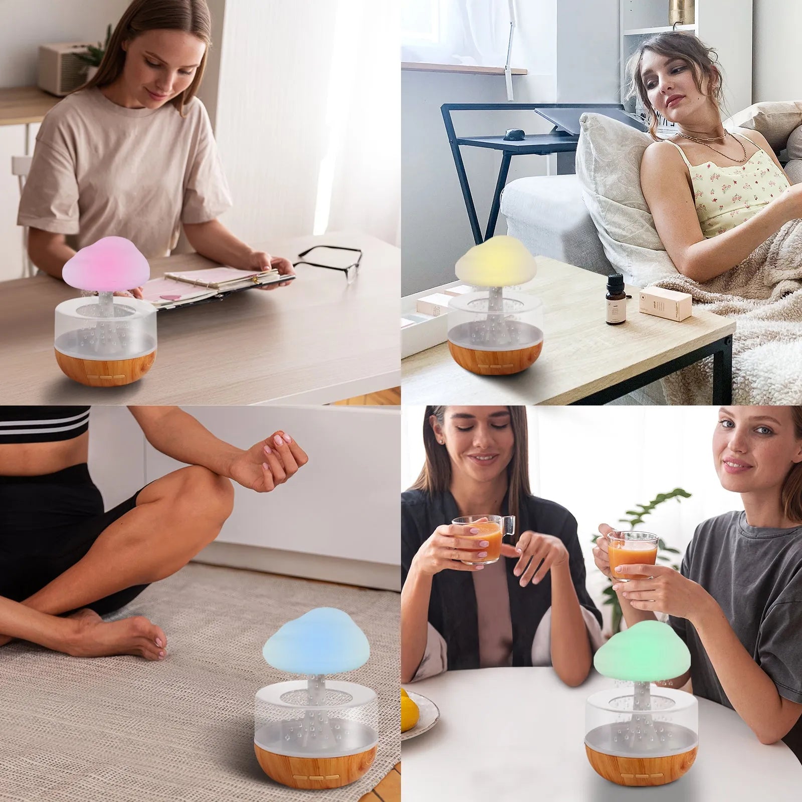 White cloud-shaped humidifier with coloured night light and mist output on a table