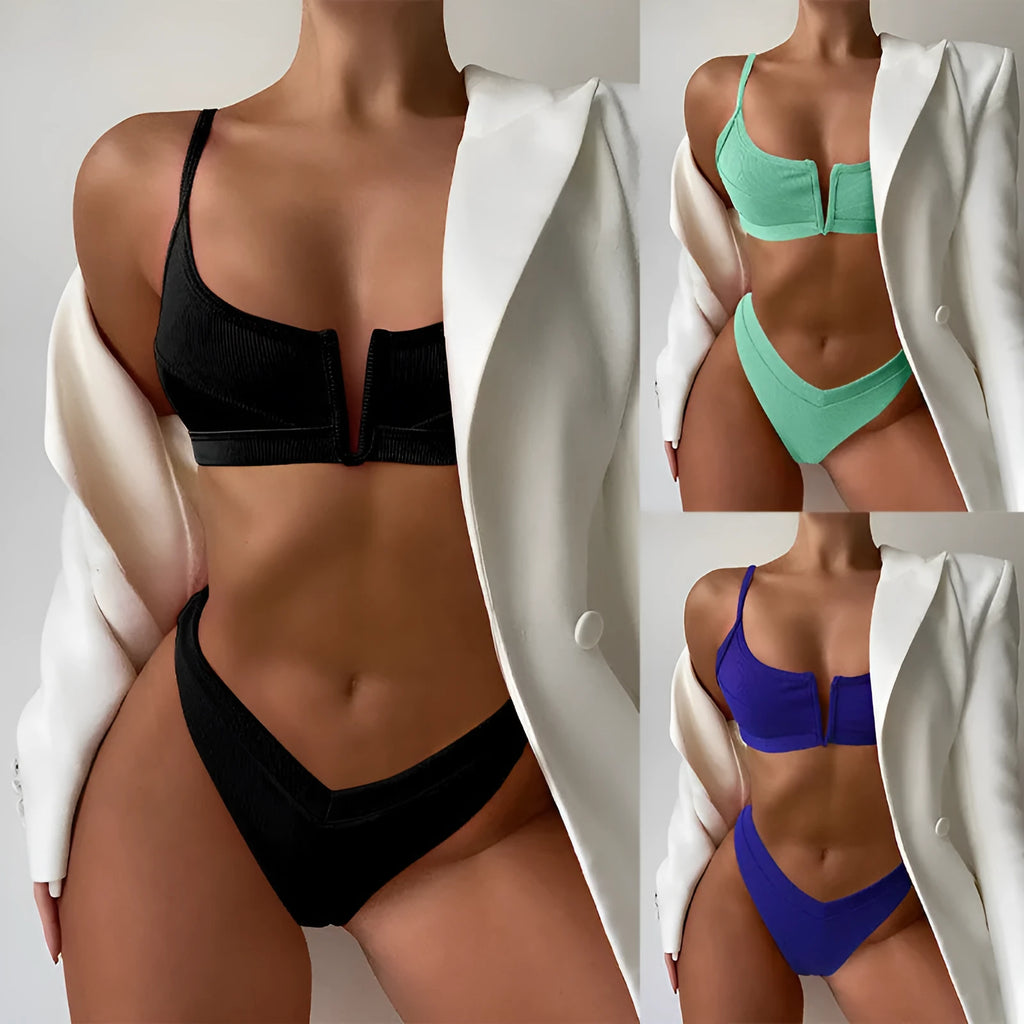 Women's high waist triangle split swimsuit set in multiple colour options with polyester construction